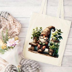 Sac fourre-tout en toile de gnome jardinier, grande capacité, cadeau pour les amoureux des plantes, style tendance et simple, toile blanche durable, sans fermeture, pour pique-nique et fête en plein air
