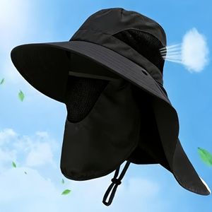 Chapeau de Soleil Protection 360° Anti-UV Noir avec Cache-Col et Masque Respirant - Chapeau de Pêche et Randonnée Imperméable pour Homme et Femme