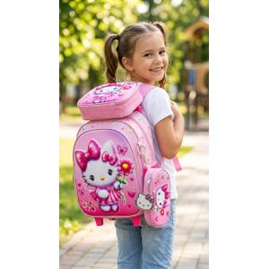 Set Scolaire 3 Pièces Cartable à Roulettes + Sac à Déjeuner & Trousse - Motif Hello Kitty Rose pour Fille