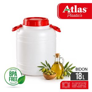 Atlas Plastics Cylindre alimentaire 18 L avec couvercle à vis et poignée de transport – Conservation huile d’olive et aliments