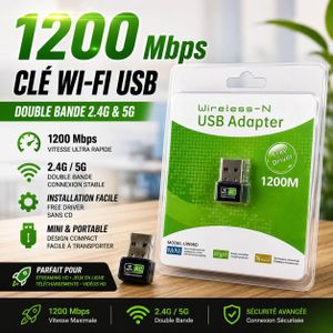 Clé USB Wi-Fi 1200M 2.4 GHz – Adaptateur Réseau Sans Fil Mini USB pour PC Portable et Bureau