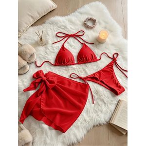 Bikini Femme 3 Pièces Rouge Uni – Maillot de Bain 2 Pièces avec Jupe Pareo, Sexy et Tendance Été