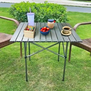 Table de Camping Pliante en Aluminium 70x70 cm – Table Carrée Portable avec Plateau Enroulable et Sac de Transport – Idéale pour 4 Personnes