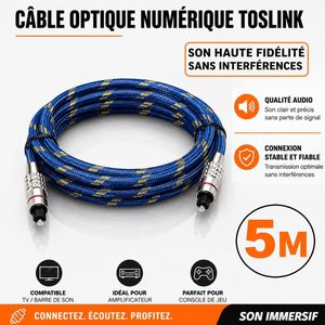 Câble Audio Optique Toslink 5 m Fibre Optique Numérique Hi-Fi pour TV Barre de Son Amplificateur Console PS Xbox