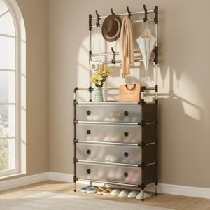 Design 2-en-1 pratique et compact 4 tiroirs de rangement spacieux Porte-manteaux intégré Convient aux entrées et chambres Style moderne et élégant Facile à utiliser et à nettoyer