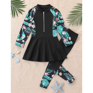 Maillot de Bain 2 pièces pour fille avec Manches Longues et Pantalon à Fermeture Éclair,10 ans