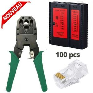 Pince à sertir Professionnel Câble Réseau LAN Téléphone RJ45 RJ12 RJ11 + Testeur + 100 connecteurs RJ45 Cat6 Cat5 Noir