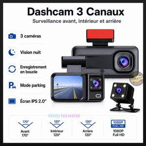 Dashcam 3 Caméras Avant Intérieur Arrière, Vision Nuit, G-Sensor, Enregistrement en Boucle et Mode Parking