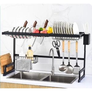 Egouttoir a vaisselle sur evier, support de rangement cuisine acier inoxydable, organisateur cuisine gain de place, étagère assiettes couverts au dessus de evier, porte vaisselle robuste noir, accessoire rangement cuisine moderne rustique
