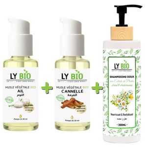 LY BIO PACK HUILE AIL 50ML - POMPE + HUILE CANNELLE 50ML - POMPE + SHAMPOOING AUX EXTRAITS DE PLANTES 200ML