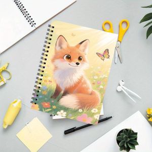 Bloc-notes, A5, 13.97*21.08 cm, 50 Pages, Motif Renard dans un Champ de Fleurs Style Cartoon. Pour Cahiers, Carnets, L