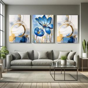 Tableaux Décoratifs Luxueux - Fleurs Bleu Azur et Abstractions Géométriques Dorées sur Toile Canvas avec Châssis en Bois Invisible