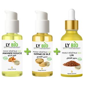 LY BIO PACK HUILE AMANDE DOUCE 50ml - POMPE + HUILE GERME DE BLE 50ML - POMPE + HUILE LIN 50ML - PIPETTE