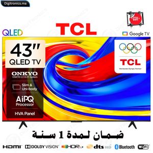 TCL 43 Premium QLED 4K UHD Smart Google TV Dolby Vision HDR10+, Mince & Corps Uni + Support gratuit, 43P7L