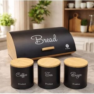 صندوق خبز لتخزين أدوات المطبخ، حزمة من 4 قطع، أسود