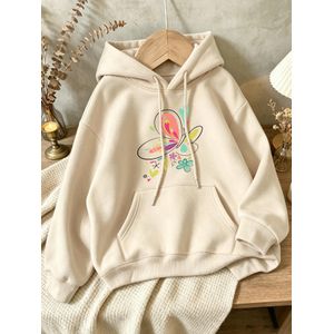 Sweat à capuche ample pour femme avec imprimé floral papillon coloré, style décontracté et polyvalent