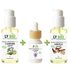 LY BIO PACK HUILE CAMPHREE 50ML - POMPE + HUILE ESSENTIEL LAVANDE 10ML + HUILE GIROFLE 50ML - POMPE