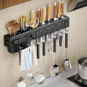 Kimo Porte-couteaux et porte-louches mural cuisine 50 cm – Support ustensiles sans perçage (spatule, écumoire, fouet, louche)