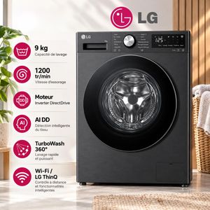 LG Machine à laver 9KG AI DD TurboWash Steam 1200 tr/min et Wi-Fi ThinQ, F2X5FYN26