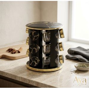Présentoir à Épices 16 pieces Rotatif en verre Noir et doré – Organisateur Chic-AYA HOME