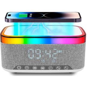Enceinte Bluetooth 3 en 1 Multifonction – Enceinte Sans Fil Hi-Fi, Chargeur à Induction Rapide, Réveil Digital Intelligent, Veilleuse d’Ambiance Chambre Gaming Bureau, Éclairage LED Multicolore Synchronisé Musique Design Moderne