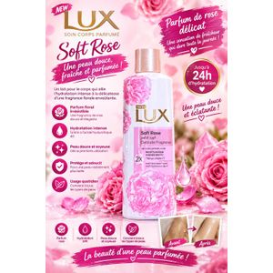 Lux Soft Rose gel douche parfumé à la rose délicate avec acide hyaluronique et ingrédients hydratants 2X pour nettoyer hydrater et laisser la peau douce et délicatement parfumée