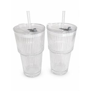 Lot de 2 gobelets transparents avec paille et couvercle 