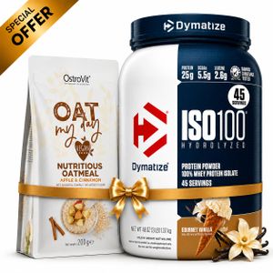 Dymatize Pack ISO100 Hydrolysé 1.37 kg Gourmet Vanilla  + Oat Flakes 200 g Apple & Cinnamon 