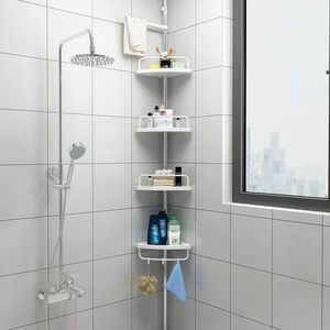 Etagère d'angle de douche télescopique chromée avec 4 tablettes blanches