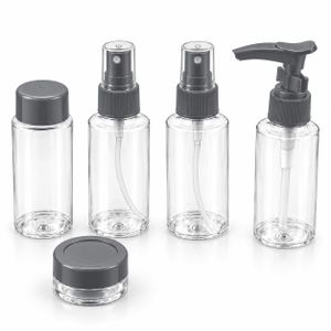 Set de 5 Flacons Vides pour Cosmétiques et Soins, Bouteilles Transparentes avec Vaporisateurs, Pompe Distributrice et Pots de Crème, Contenants Rechargeables pour Voyage et Usage Quotidien