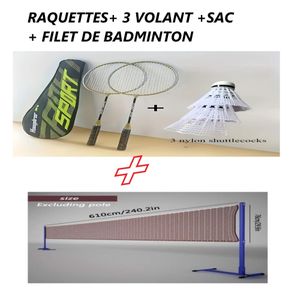 Top kit badminton avec 1 FILET badminton , 2 raquettes badminton , 3 balles badminton volant ,et un sac de rangement 