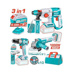 TOTAL Kit Combo Pro 3 Pièces Brushless 20V - Perforateur + Meuleuse + Perceuse - 2 Bat 4.0Ah