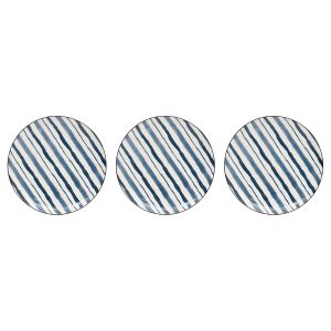 Assiette plate - Céramique à rayures bleues - Vaisselle de table design moderne - Blanc et Bleu - Lot de 3