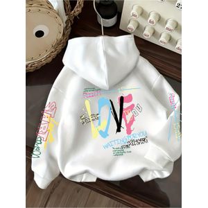 Sweat à capuche ample et décontracté à la mode avec poche kangourou, cordon de serrage, motif graffiti LOVE coloré et citation de motivation imprimée