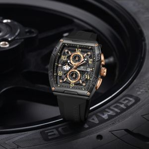Naviforce Montre Homme Boîtier carré en acier  + Bracelet silicone noirMouvement Chronographe + Date + Étanche 3ATM Design Racing inspiré des voitures de sport