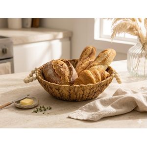 "Panier rond ou rectangulaire en Fibres Naturelles Tressées avec Poignées en Perles de Bois – Couleur Naturelle 28cm Hauteur 8 cm
