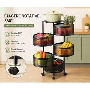 Étagère de Rangement Rotative 360° à 5 Niveaux avec Roulettes – Panier de Cuisine pour Fruits et Légumes en Métal
