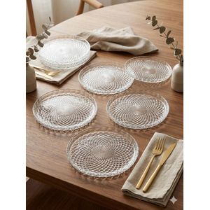 Lot de 6 Assiettes en Verre Sculpté cristallin 16 cm - Motif Diamant Géométrique - Transparent et Élégant