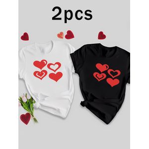 Lot de deux T-shirts de sport tendance pour femme, Ensemble de couple noir et blanc, Imprimé cœur rouge à quatre niveaux, Tissu , Tailles X à XXL disponibles, Lavable en machine
