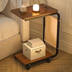 Table de Chevet Latérale sur Roulettes en Bois et Métal – Bout de Canapé Mobile Multifonction avec Support de Rangement en Tissu et Étagère Basse