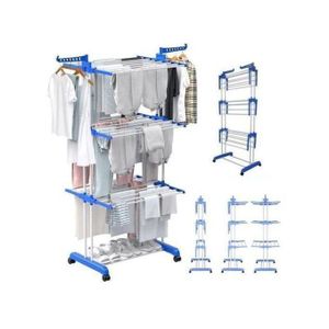Support de Séchage de Vêtements – 3 Niveaux – Roulant et Pliable avec Cintres