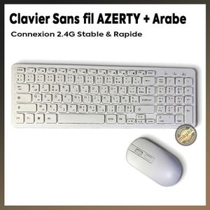 Clavier et Souris Sans Fil 2.4G AZERTY + Arabe – Kit Ultra Fin 108 Touches, Récepteur USB, Compatible PC & Laptop, Haute Sensibilité