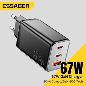 ESSAGER Chargeur Secteur 67W GaN USB-C x2 + USB-A Charge Rapide PD QC 3 Ports Universel