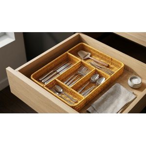 Range-Couverts de Tiroir en Rotin Tissé Synthétique - Organisateur de Cuisine bambou lavable  - 5 Compartiments pour Couverts et Ustensiles