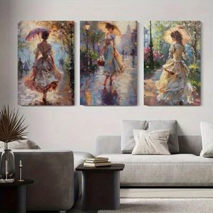 لوحة حائط السيدات بالقبعات والشمسيات بأسلوب رسم زيتي انطباعي من 3 قطع مقاس 60 في 40 سم – قماش كانفاس HD – تصميم كلاسيكي راقي – ديكور للصالون وغرفة النوم والمكتب – على هيكل خشبي داخلي