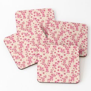 4 Dessous de Verre Sakura Blossom Pattern – Pink Cherry Flowers on Crackled Cream sous tasse unique 