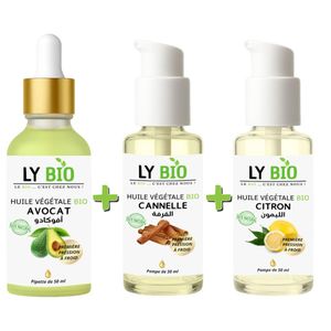 LY BIO PACK HUILE AVOCAT 50ml - PIPETTE + HUILE CANNELLE 50ML - POMPE + HUILE CITRON 50ML - POMPE