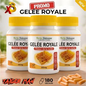 Herbo Ridouane عبوة تحتوي على 3 كبسولات زجاجية = كبسولات غذاء ملكات النحل من مستخلص صمغ النحل الصالح للأكل، أفضل المكملات العضوية، 180 كبسولة في العلبة، تحسن التركيز والذاكرة.