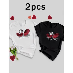 Ensemble Deux Pièces, T-shirt Sport Mode Femme en Noir et Blanc, Ensemble Couple avec Grands et Petits Cœurs, Motifs Arc et Flèche, Tissu , Tailles X-XXL Disponibles, Lavable en Machine