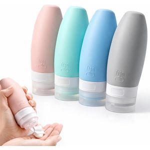 Ensemble de 4 flacons de voyage réutilisables en silicone de 90 ml, étanches, sans BPA – pour shampoing, après-shampoing, porte-cosmétiques avec embout distributeur et bouchon à clapet, approuvés pour les bagages cabine haut de gamme.